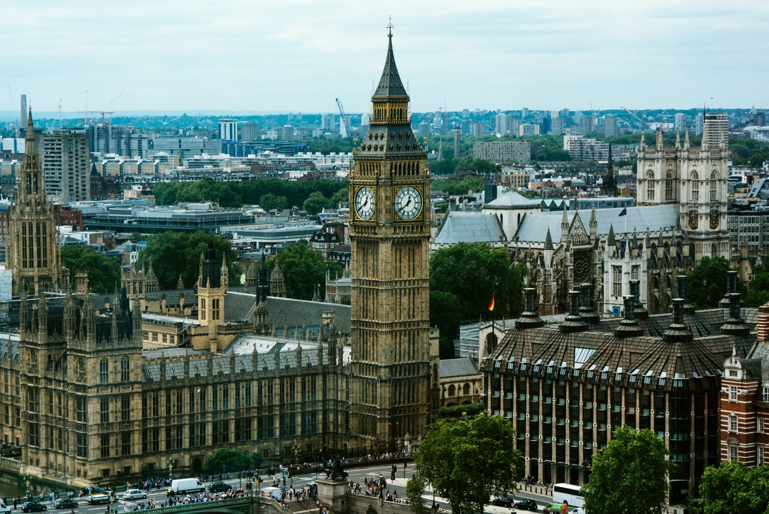 An aerial shot shows the house of commons and Big Ben