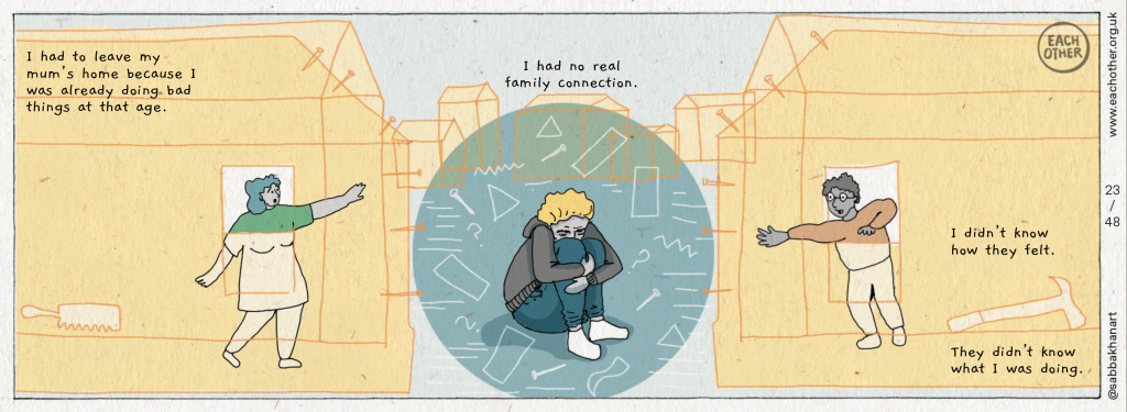 The panel shows a boy curled up in the centre of the panel, with his parents reaching out to him with the text "I had to leave my mum’s home because I was already doing bad things at that age. I didn’t know how they felt. They didn’t know what I was doing. I had no real family connection."