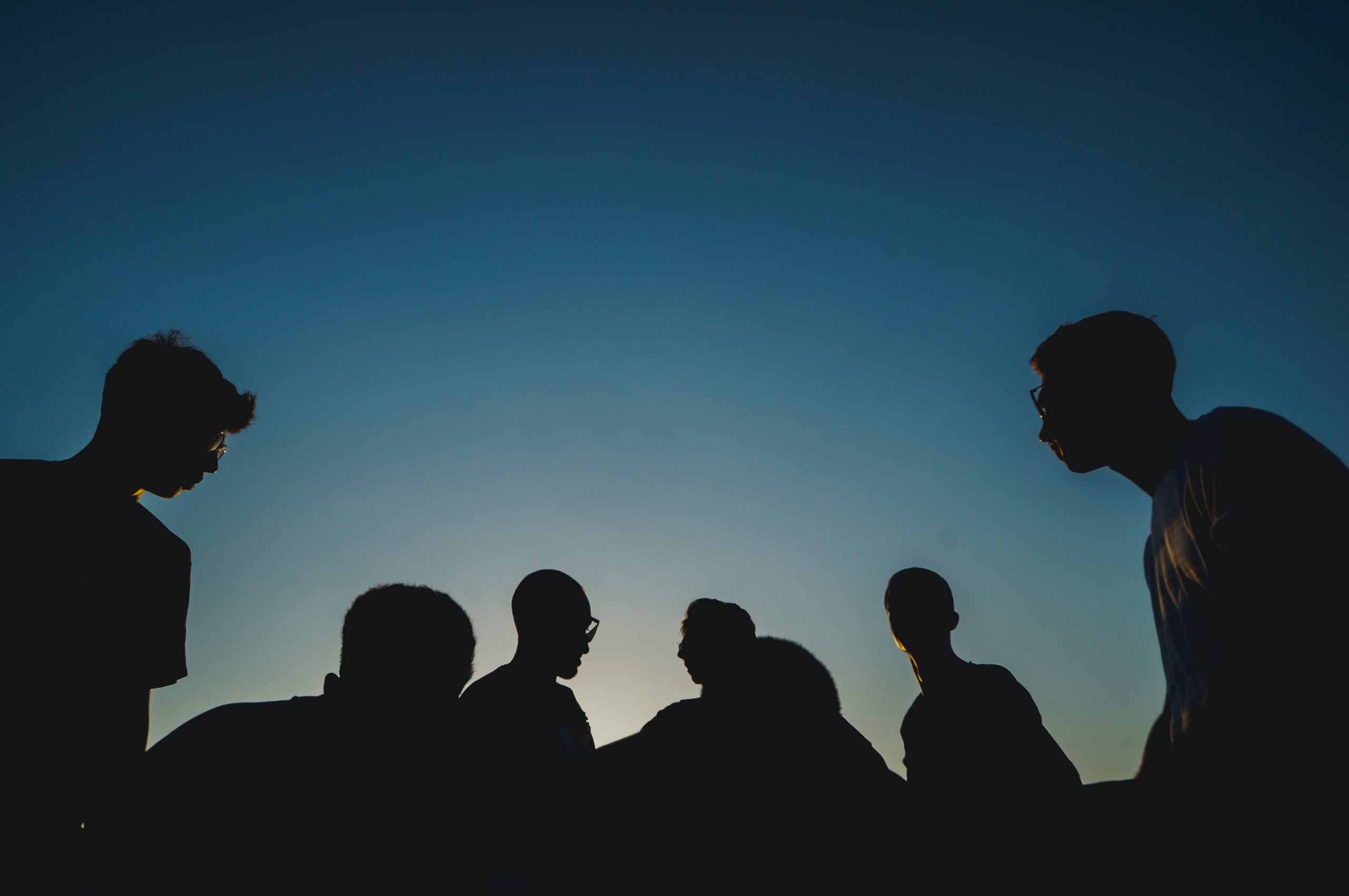 A group of young people are silhouetted against a indigo sky 