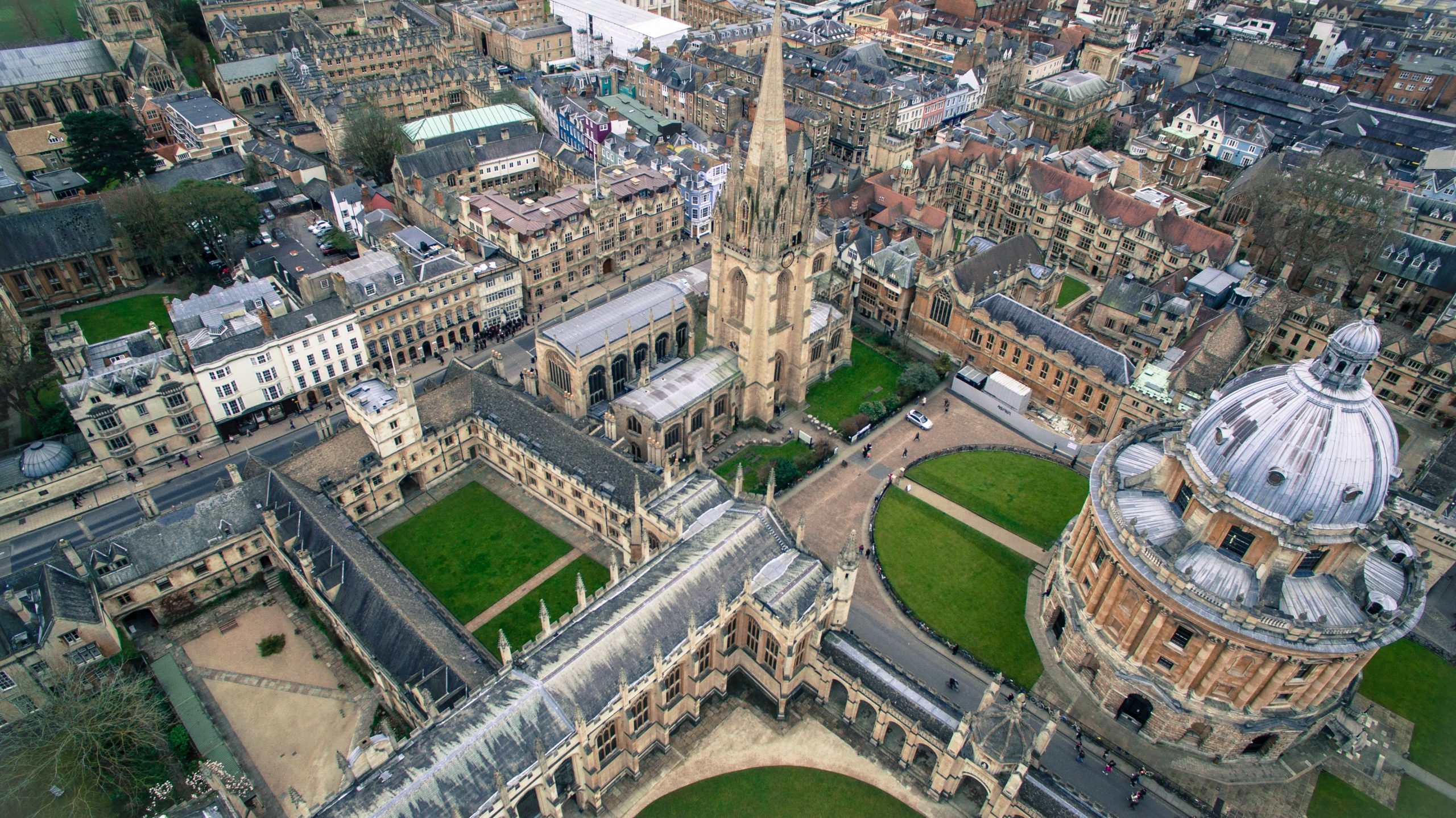 An aerial shot shows Oxford University campus