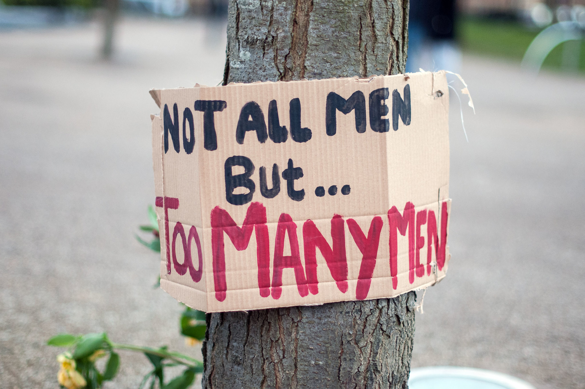 A sign fixed to a tree trunk reads "not all men but...." in black ink followed by "too many men" in red capital letters.