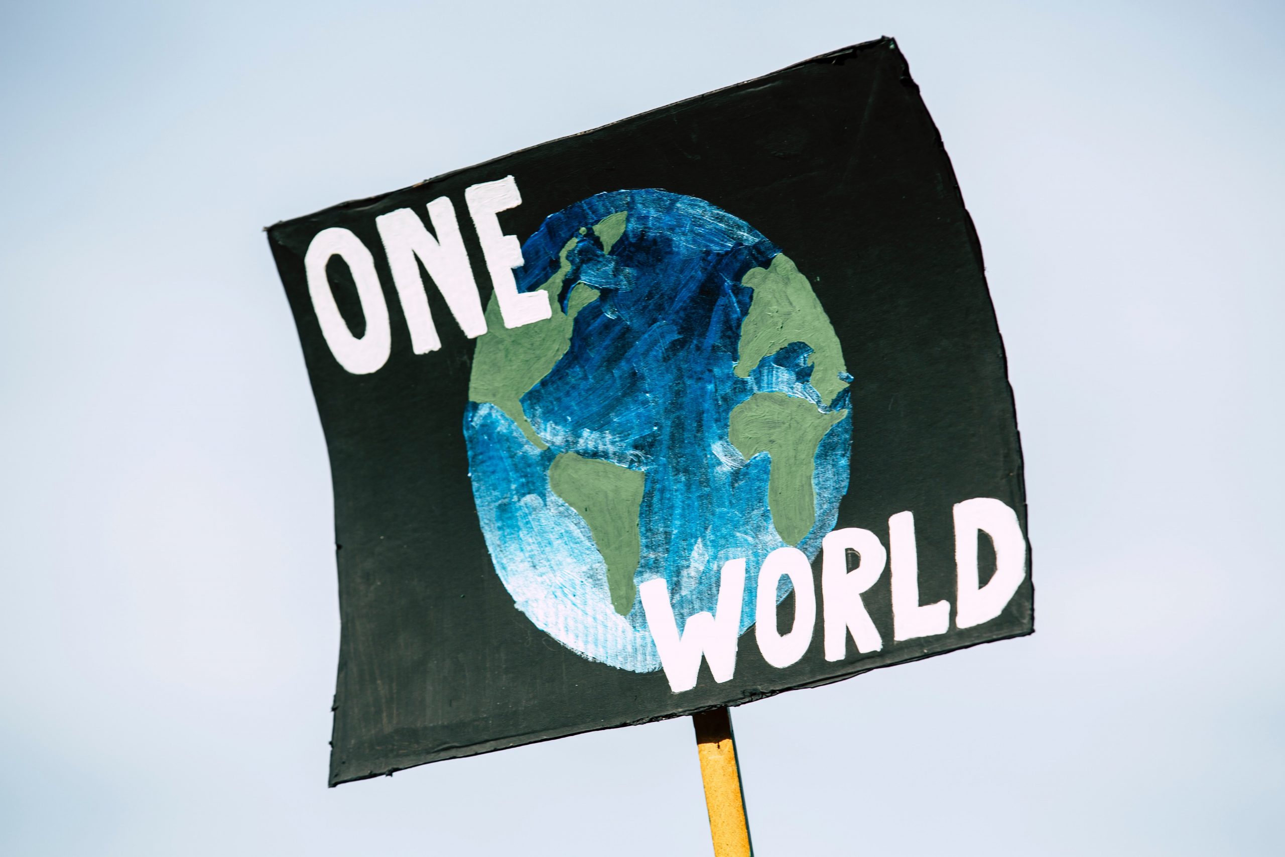 A sign held against a blue sky reads "one world" in white lettering over a painting of planet Earth on a black background.