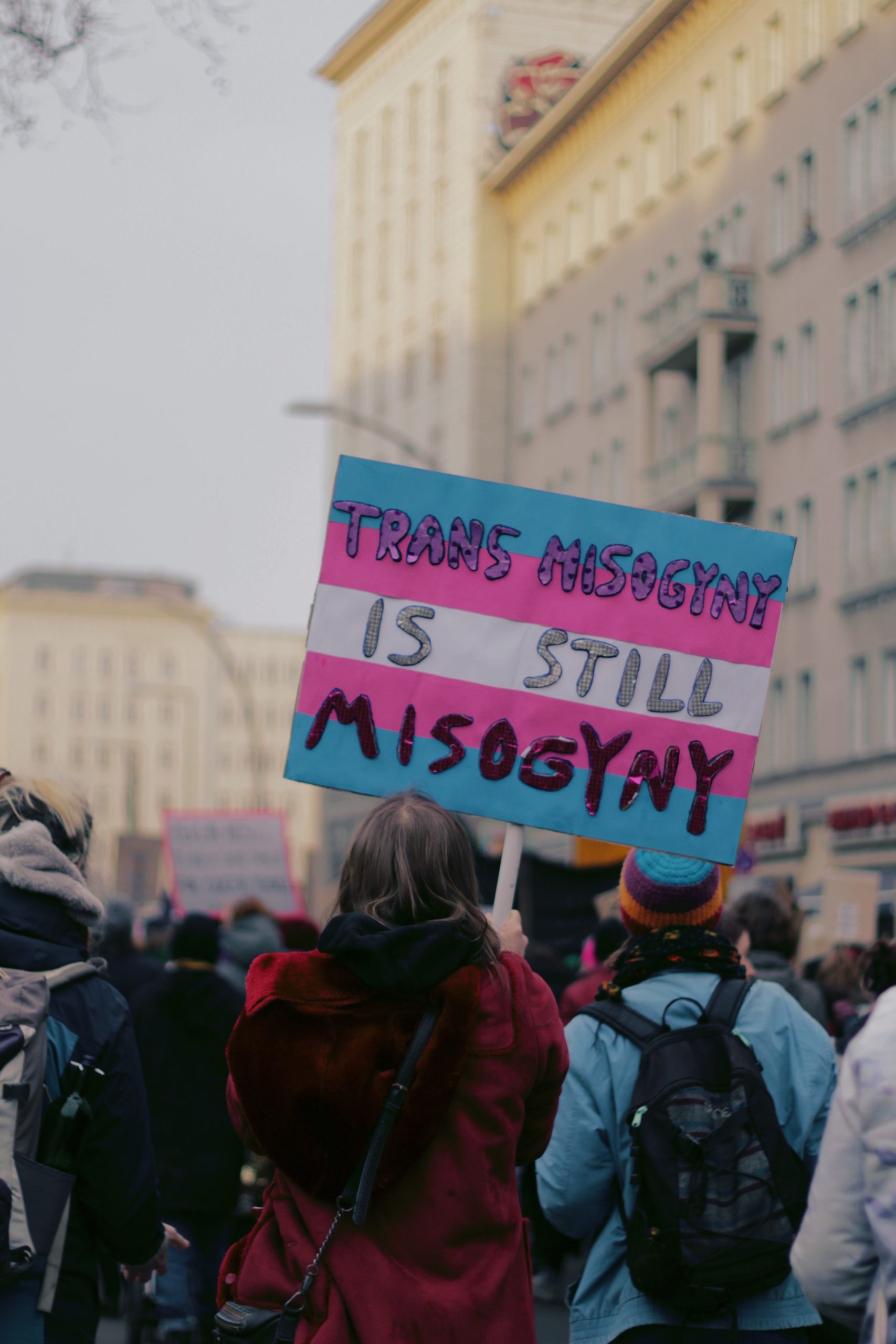 A sign in the trans flag colours reads "trans misogyny is still misogyny"