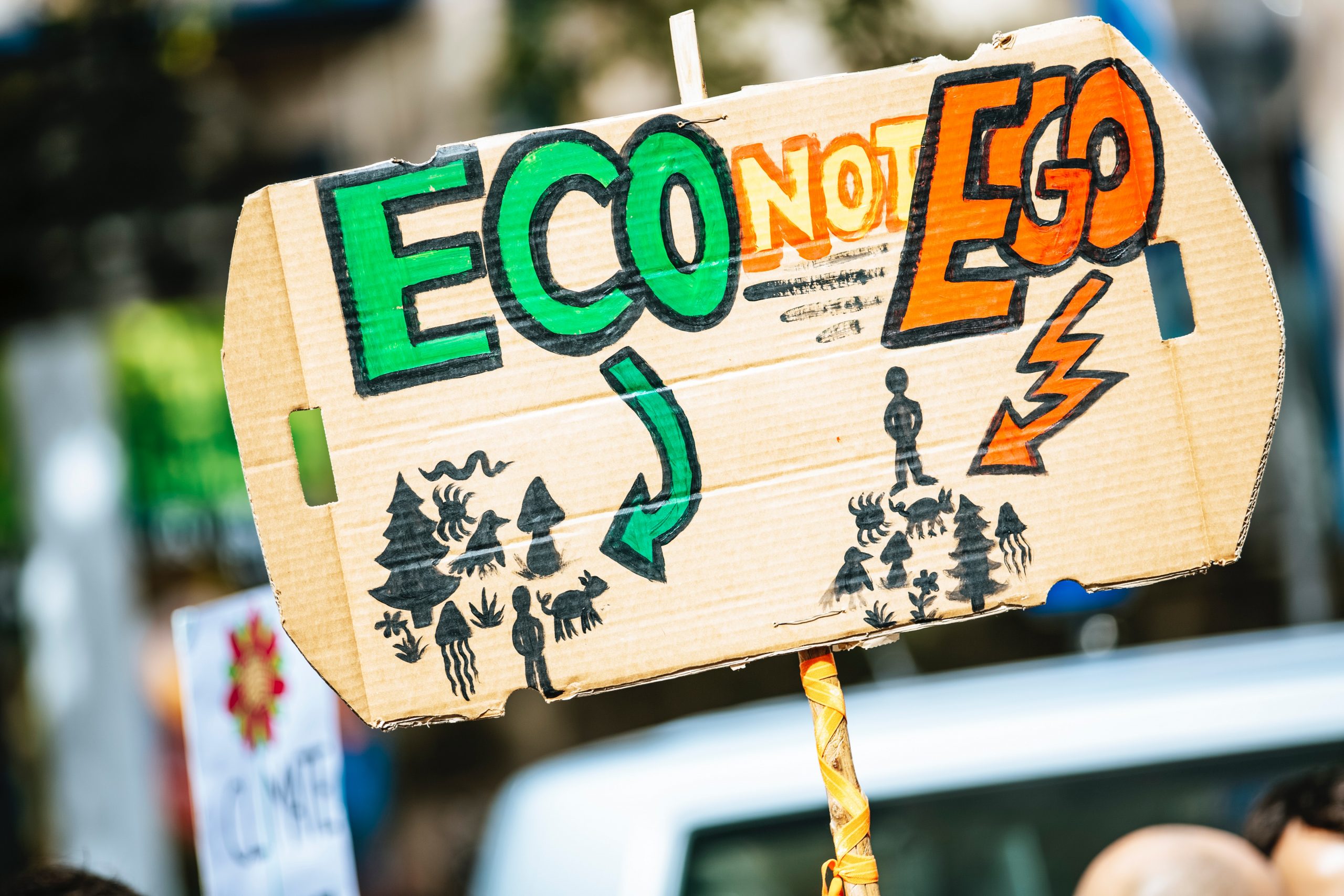 A sign reads "eco no ego" on brown cardboard
