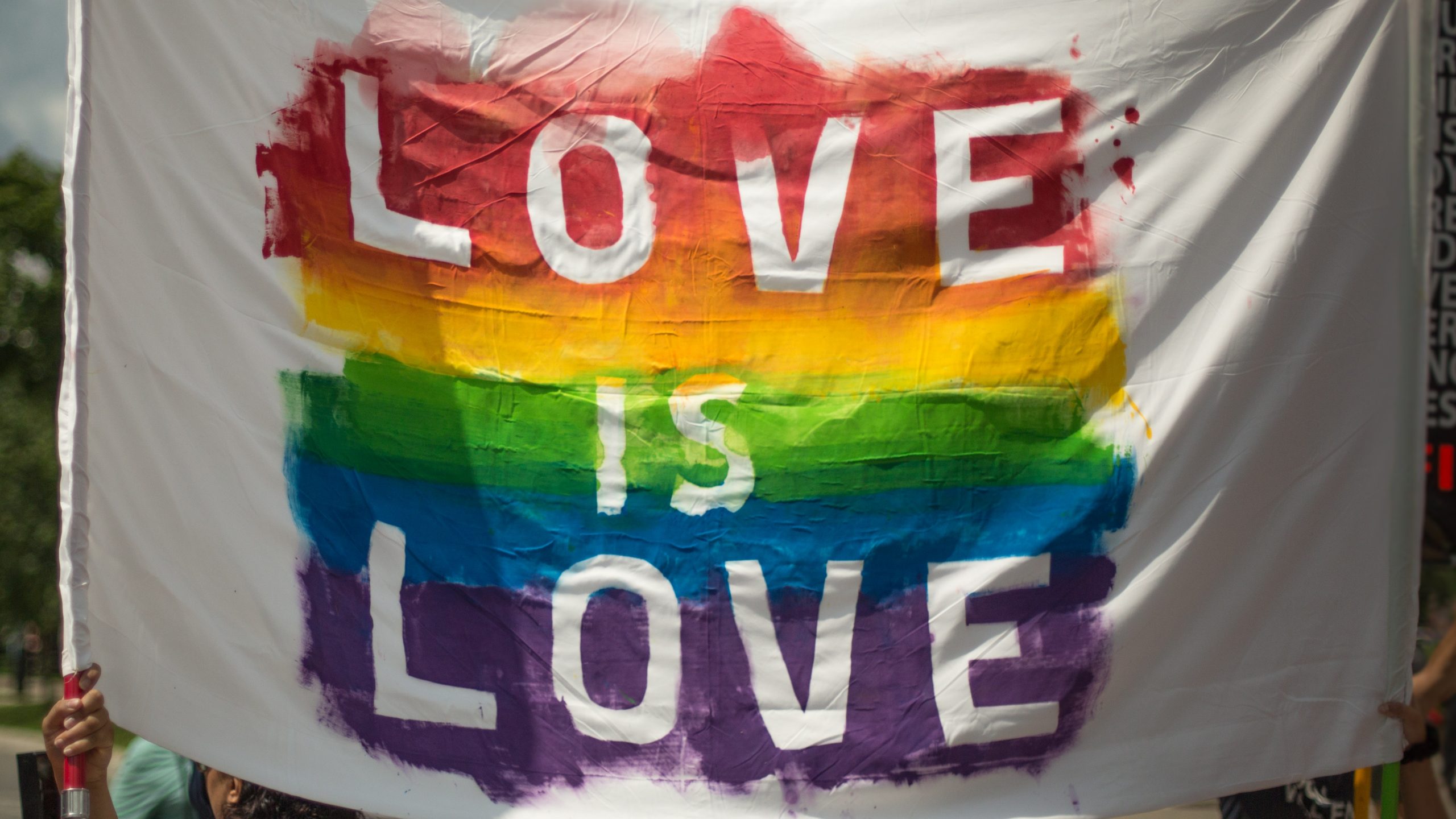 A large white banner is painting with a rainbow. Inside the rainbow the words "love is love" have been etched out in white.