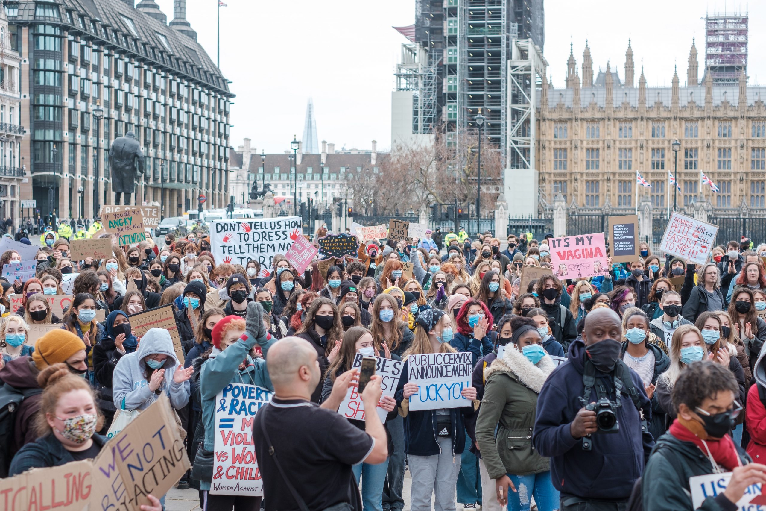 A wide shot of a women's protest in London