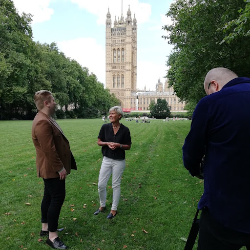 Kate Green MP being interviewed in front of parliament
